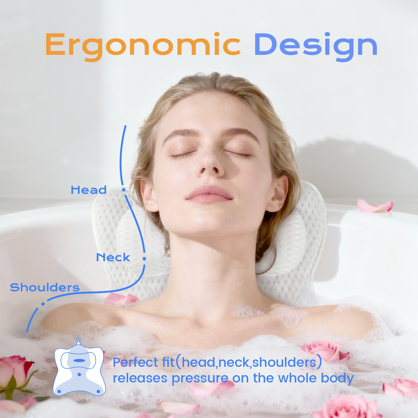 Couradic Bath Pillow Ergonomic Luxury Bathtub Pillow with Head,Neck, Shoulder and Back Support, 4D Bath Pillows for tub with 6 Powerful Suction Cups, Fits All Bathtub