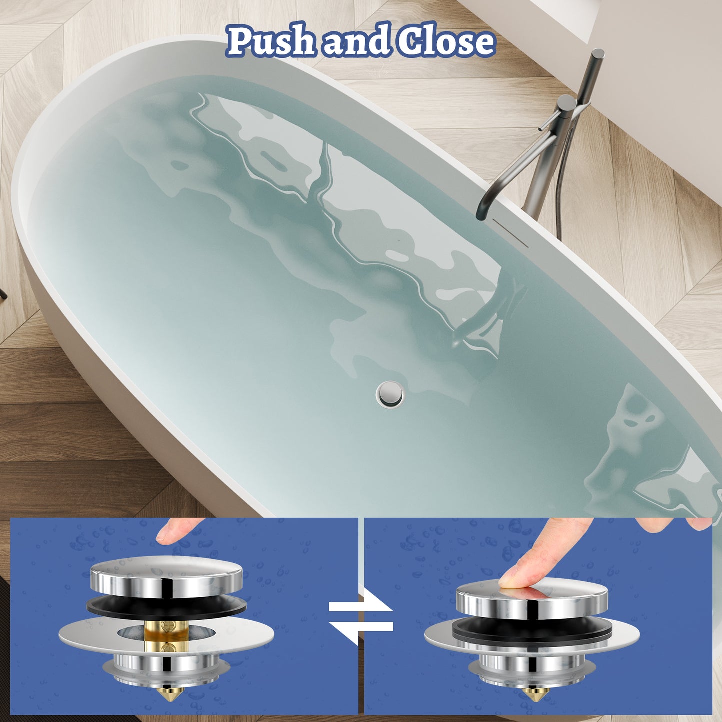 Couradric Universal Pop Up Bathtub Drain Stopper and Cover, Tip Toe Bath Drain Plug, Replaces Lift and Turn, Tip-Toe and Trip Lever Drains for Tub, Easy to Install and Clean, Solid Brass Metal