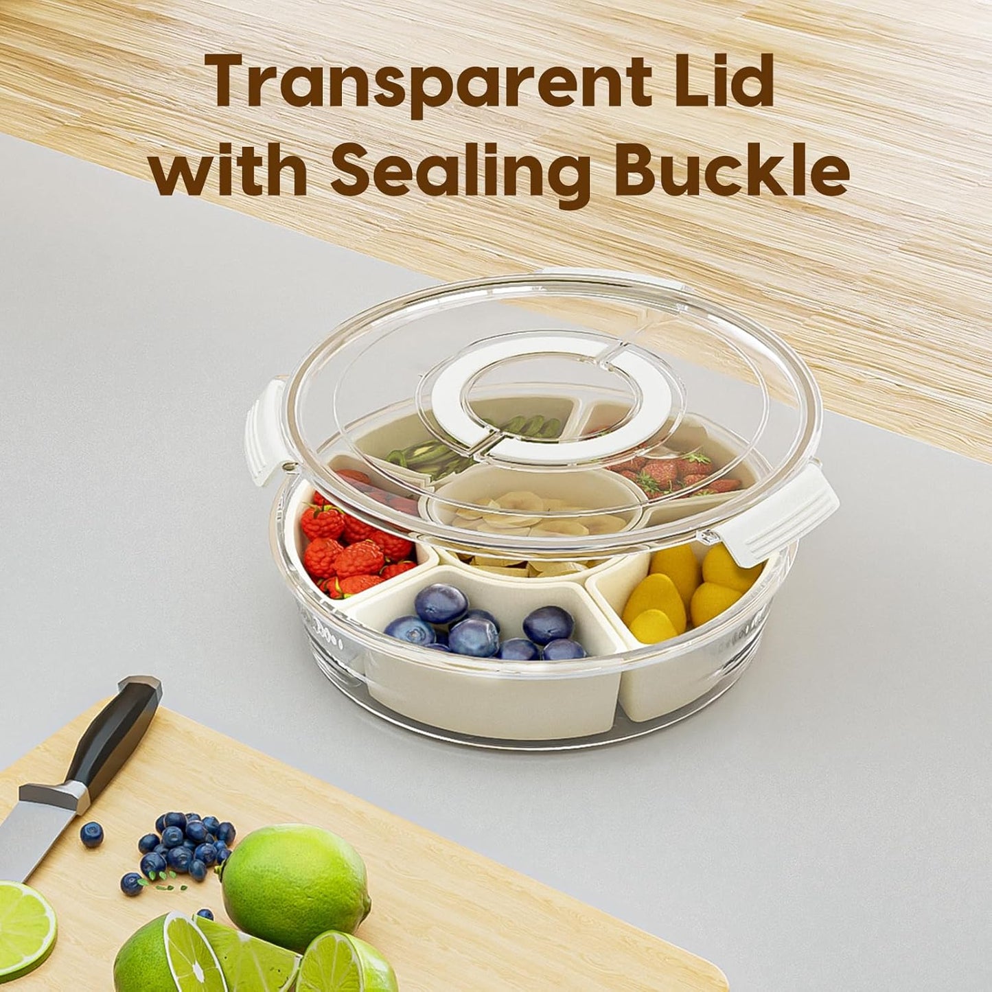 Couradric Snackle Box Container, 6 Compartment Divided Serving Tray with Lid and Handle, Snack Tray for Candy, Fruits, Nuts, Snacks