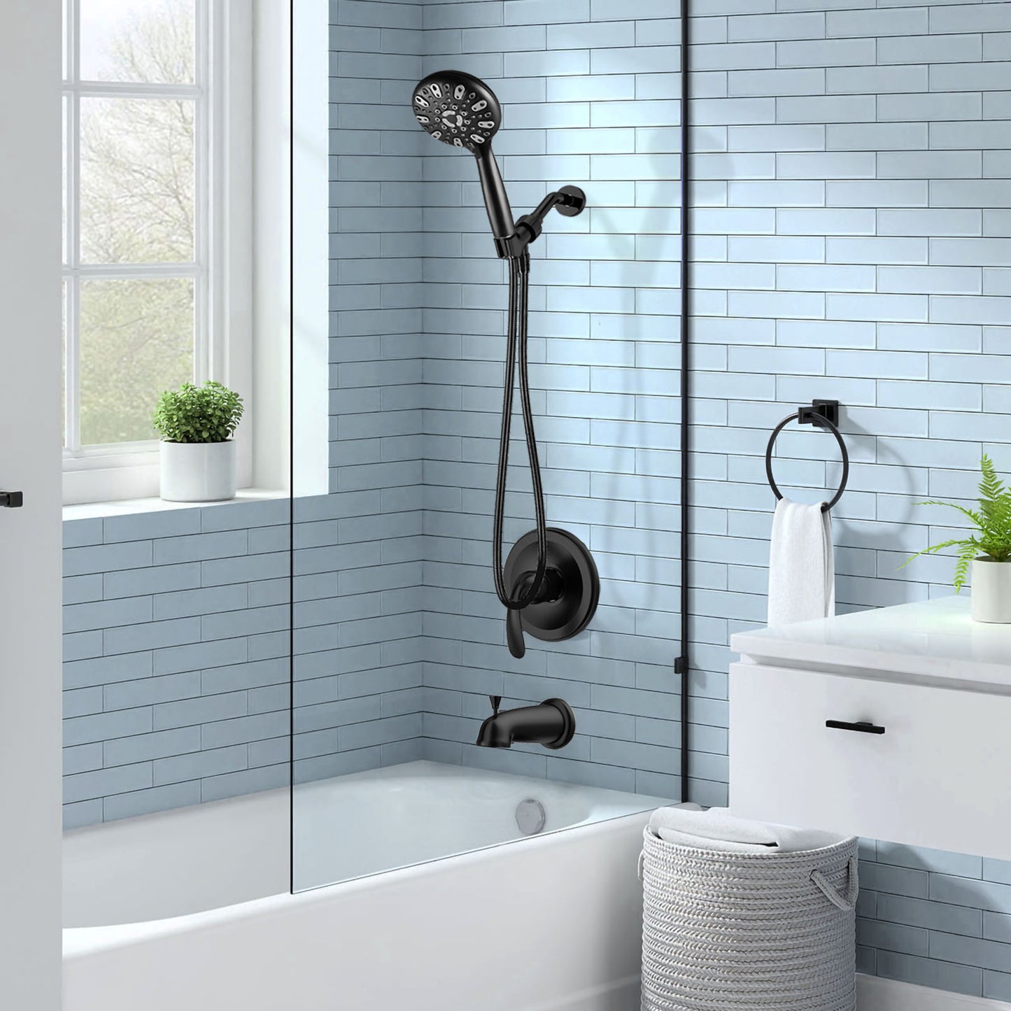 Couradric Shower and Tub Faucet Set - with Tub Spout (Valve Included), Black Shower Head and Handle Set with Handheld,Matte Black