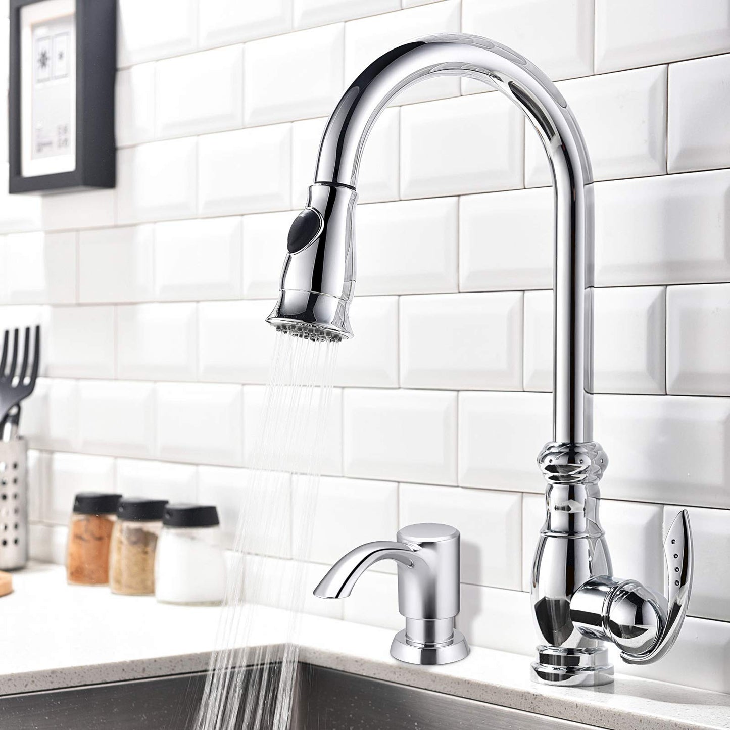 Couradric Soap Dispenser for Kitchen Sink and Tube Kit, 39" Tube Connects Directly to Soap Bottle, No More Refills (Brushed Nickel No Bottle)