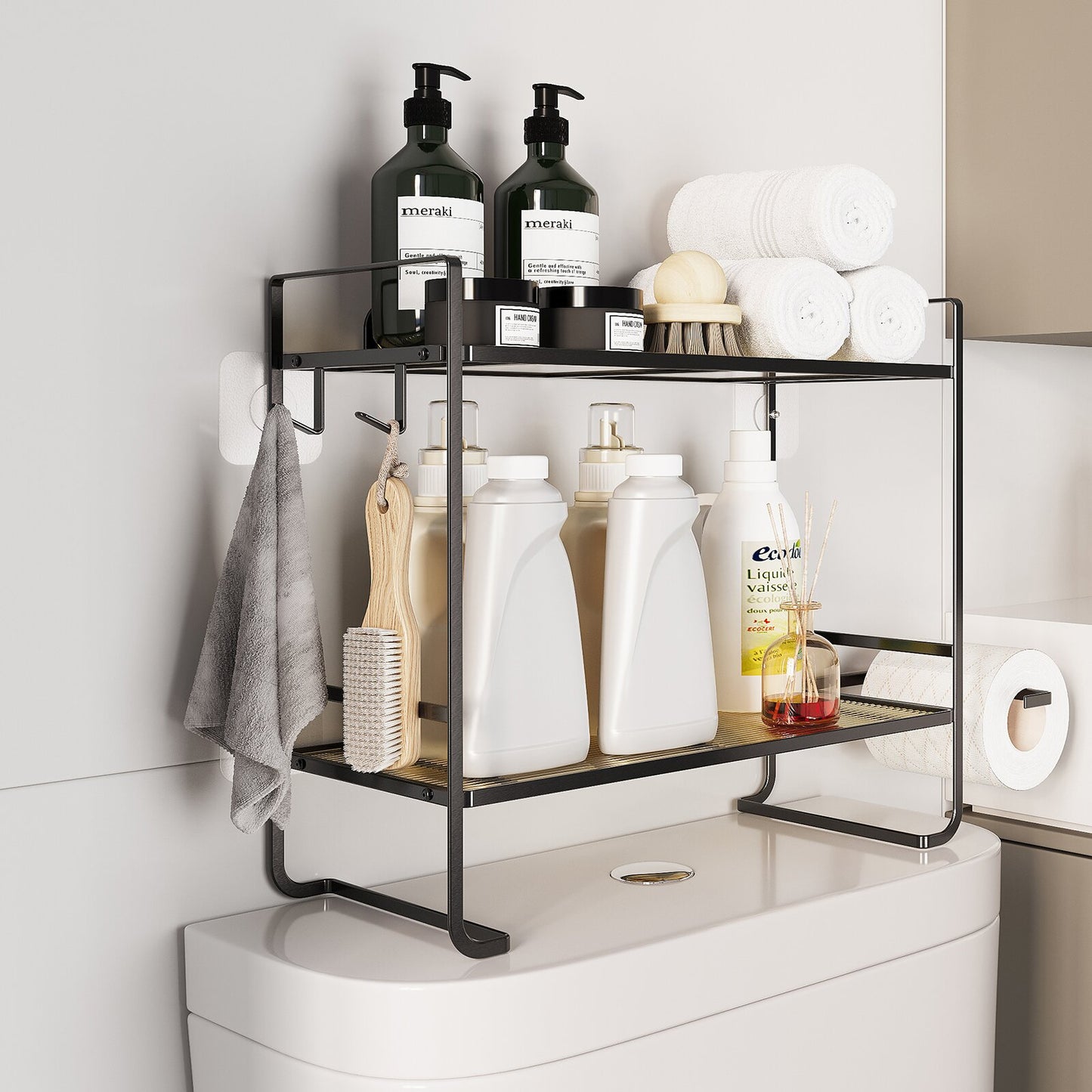 Couradric Over the Toilet Storage Cabinet , No Drill Stand/Hang Bathroom Organizer, 2-Tier ,Black