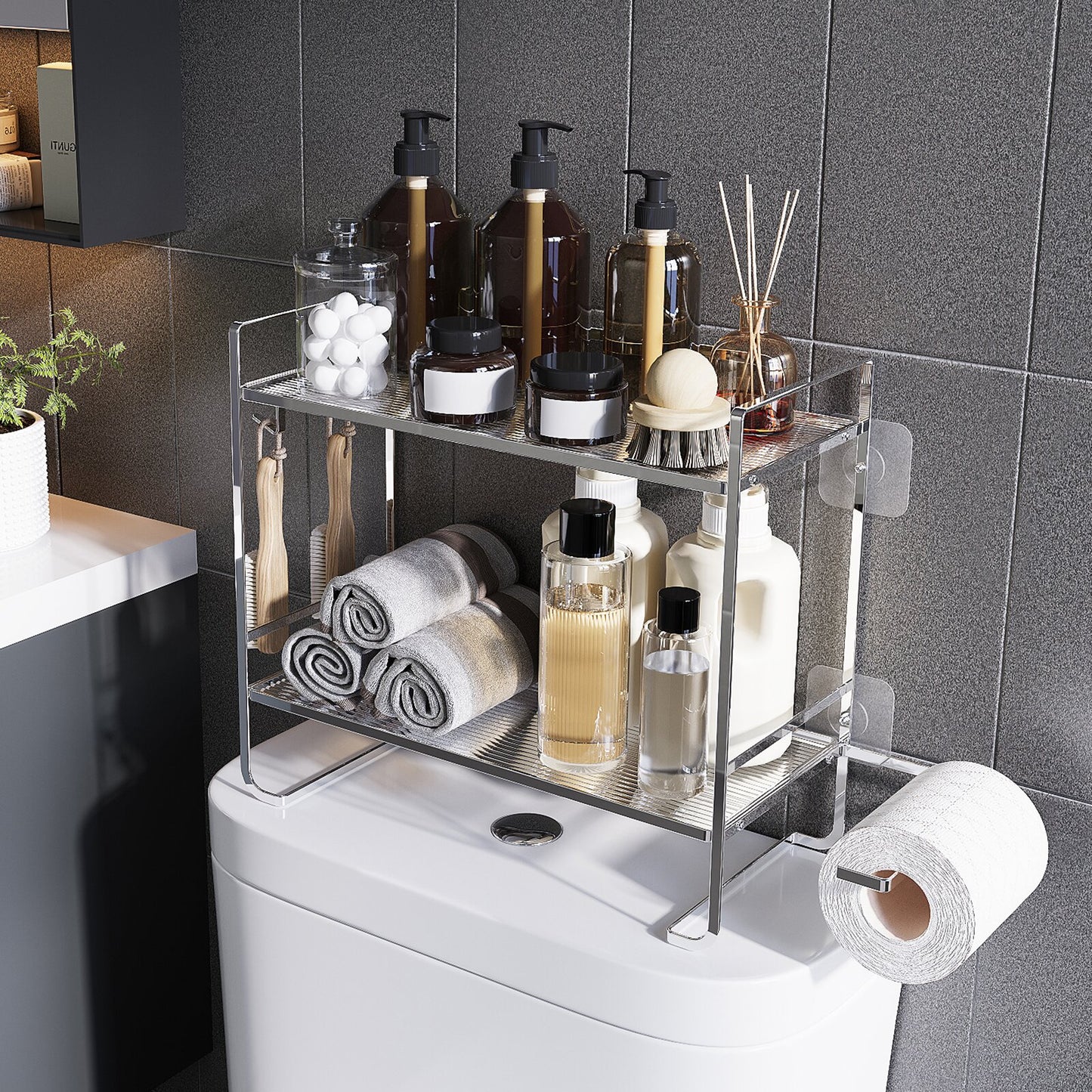 Couradric Over the Toilet Storage Cabinet , No Drill Stand/Hang Bathroom Organizer, 2-Tier ,Black