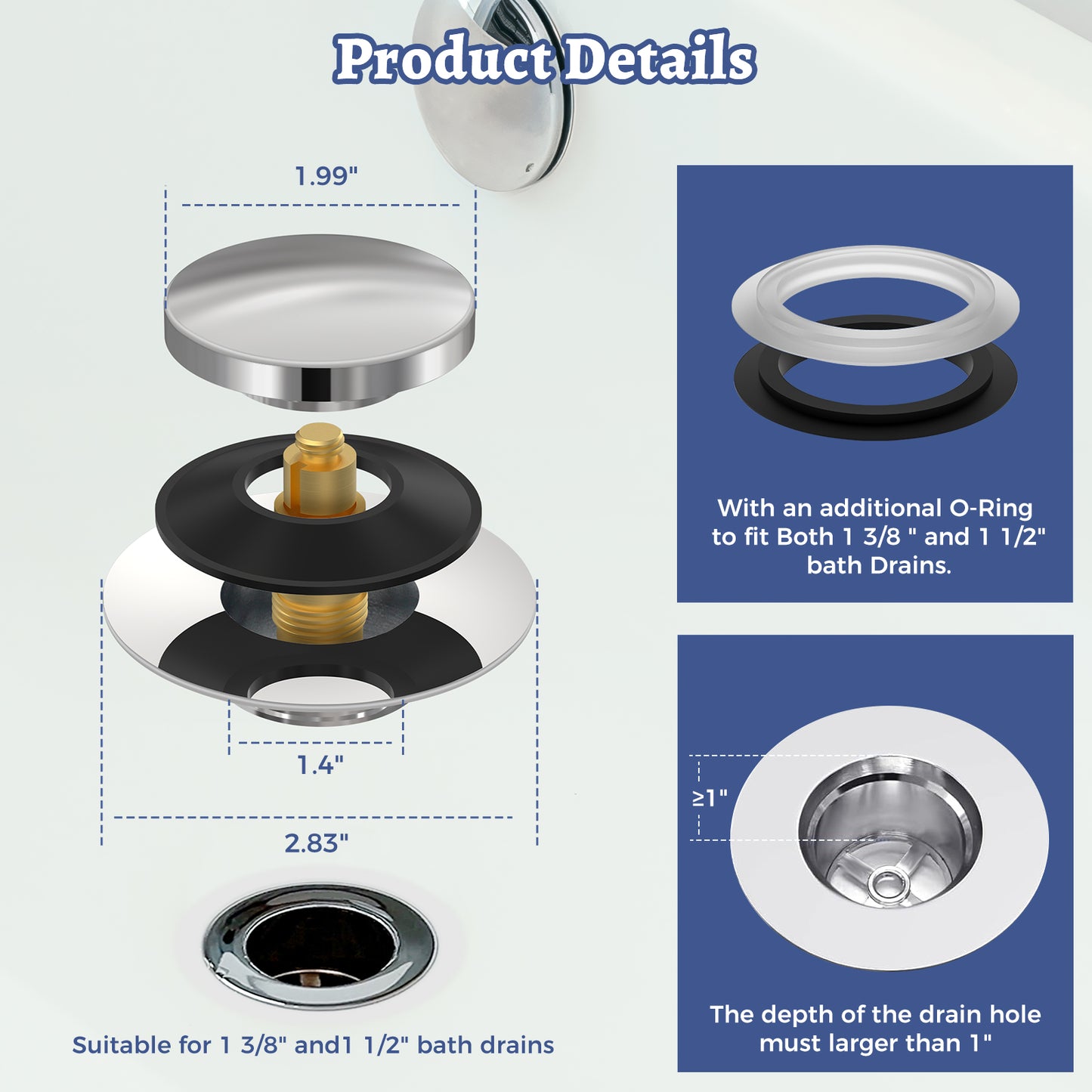 Couradric Universal Pop Up Bathtub Drain Stopper and Cover, Tip Toe Bath Drain Plug, Replaces Lift and Turn, Tip-Toe and Trip Lever Drains for Tub, Easy to Install and Clean, Solid Brass Metal