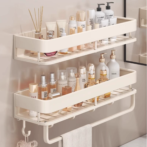 Couradric Shower Caddy ,Double Layer with Hooks and Bar ,Heightened Guardrail and High Quality Aluminum Alloy ,No Drilling