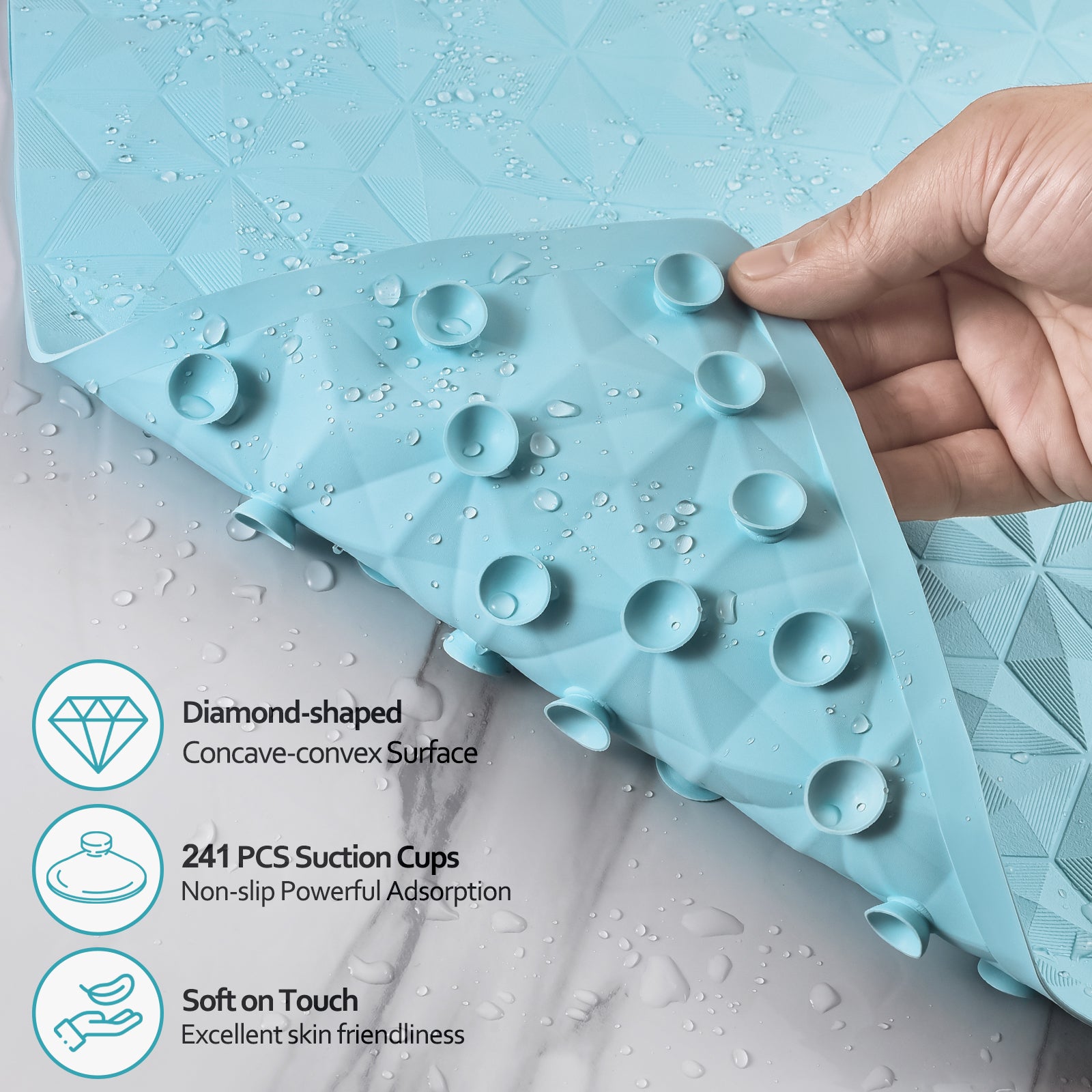 Diamond Shower Bath Mats - Washable Non Slip Anti Mould Rubber Bathmat With Suction Cups For Bathtub