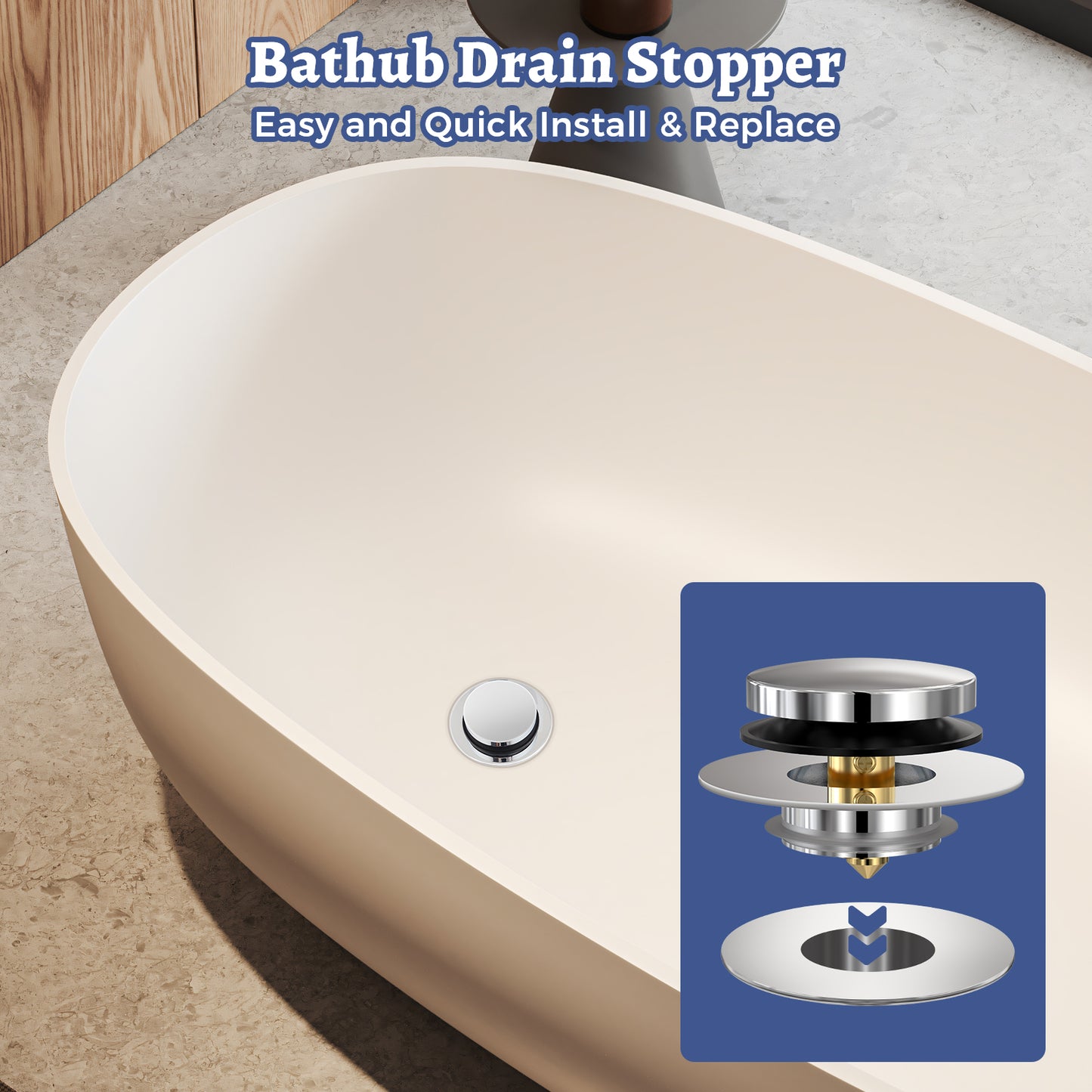 Couradric Universal Pop Up Bathtub Drain Stopper and Cover, Tip Toe Bath Drain Plug, Replaces Lift and Turn, Tip-Toe and Trip Lever Drains for Tub, Easy to Install and Clean, Solid Brass Metal