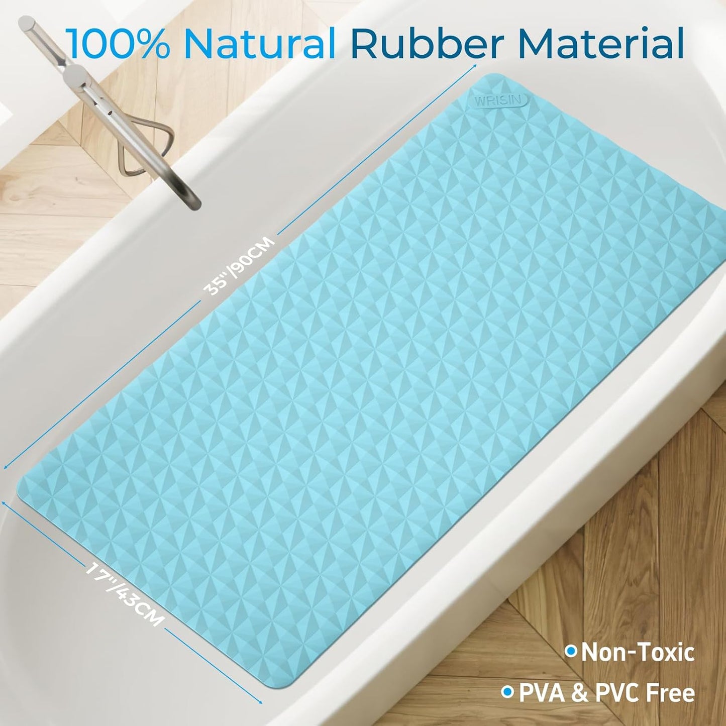 Bathtub Mat Non Slip - Natural Rubber Bath Tub Shower Safety Mat - 16 x 28 Inch Shower Mats with Suction Cups - Delicate Diamond Pattern - Softer - BPA Free - Machine Washable - Elegant Blue