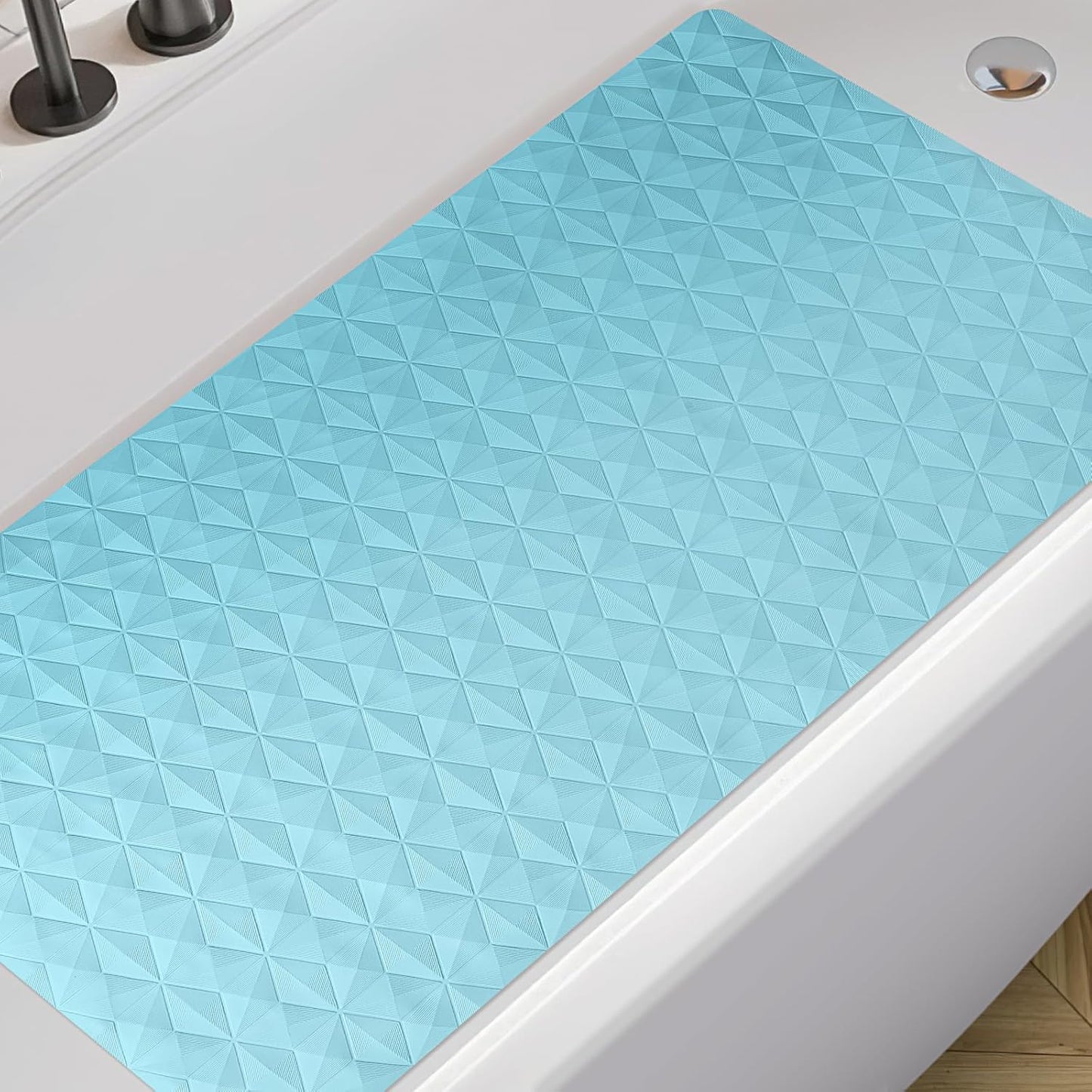 Bathtub Mat Non Slip - Natural Rubber Bath Tub Shower Safety Mat - 16 x 28 Inch Shower Mats with Suction Cups - Delicate Diamond Pattern - Softer - BPA Free - Machine Washable - Elegant Blue